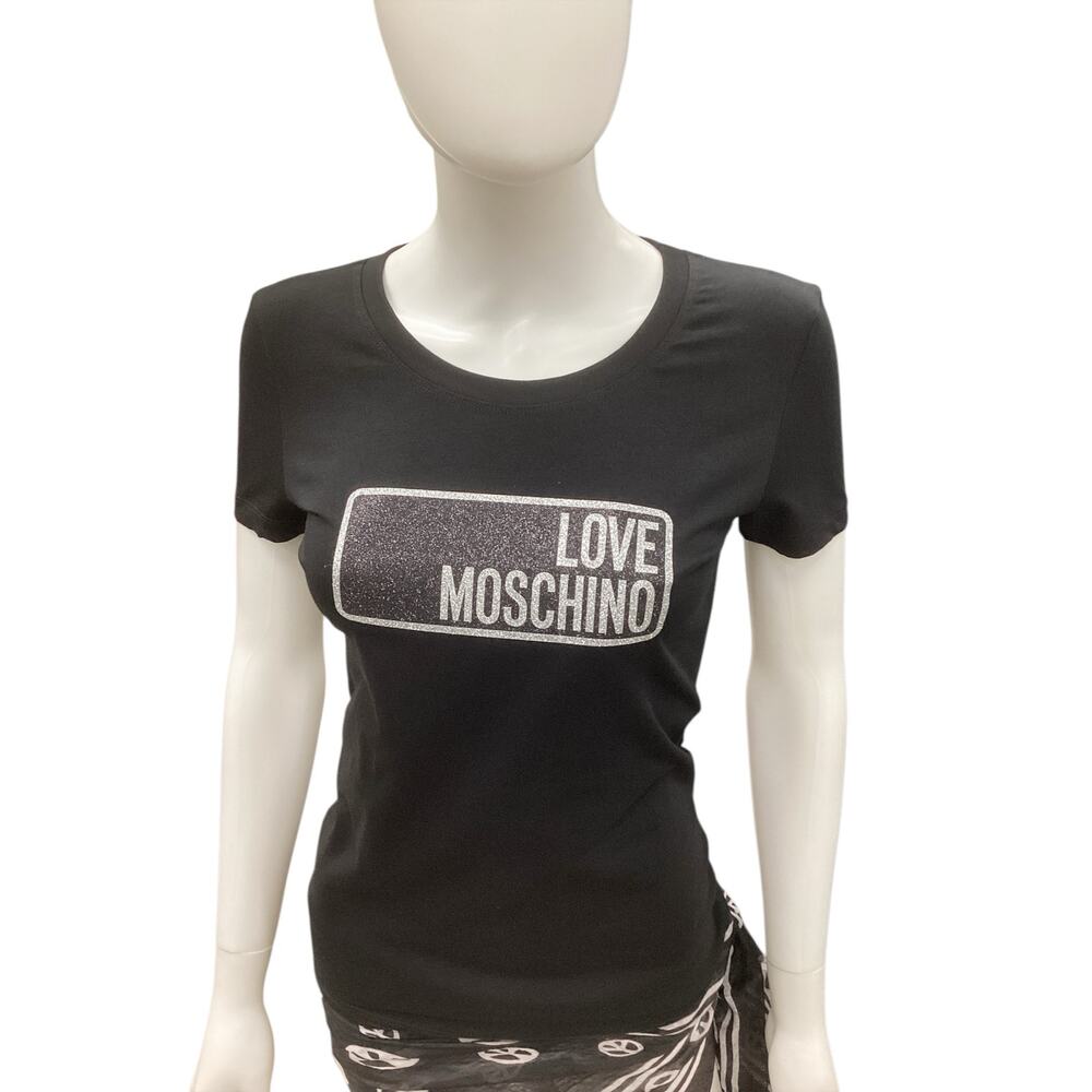 NWOT Love Moschino T-Shirt Women’s Size S Cotton Glitter Logo Black And Silver